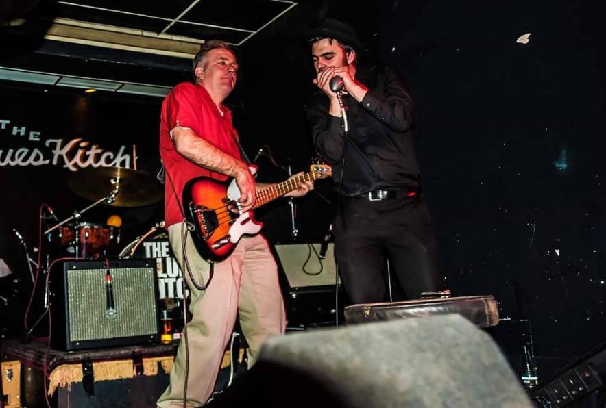 Marco Farris on harmonica with a bass player at The Blues Kitchen